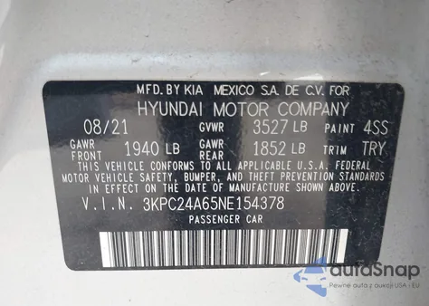 2022 Hyundai Accent Se из США, поврежденный, VIN 3KPC24A65NE154378